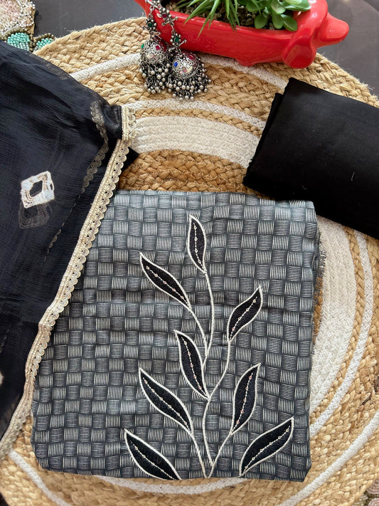 Stylish Black Cotton Suit with Patchwork & Lace Dupatta