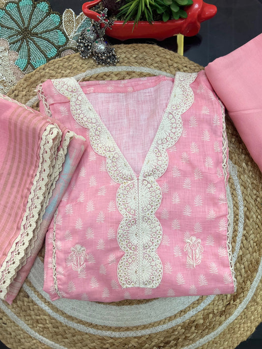 Timeless Charm: Cotton Suit with Lace Accents and Elegant Dupatta