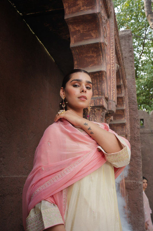 Off-White Shimmer Silk Suit with Tassels and Pink Accents