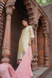 Off-White Shimmer Silk Suit with Tassels and Pink Accents