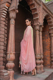Off-White Shimmer Silk Suit with Tassels and Pink Accents