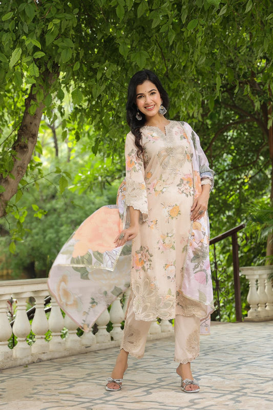 Floral Print Cotton Embroidery Suit with Embroidered Dupatta & Pants