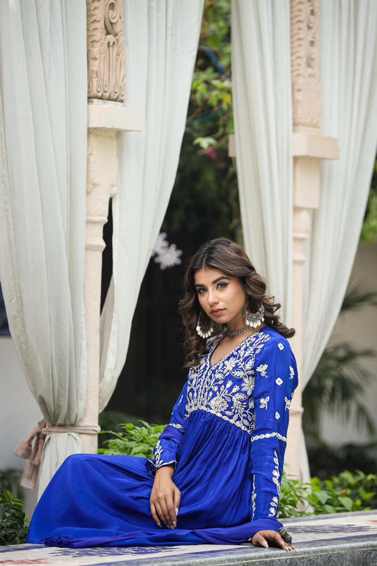 Royal Blue Silk Kurti with Exquisite Embroidery
