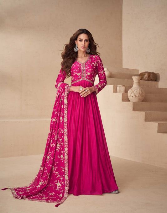 Exquisite Chinnon Silk Gown with Intricate Embroidery and Embellished Dupatta