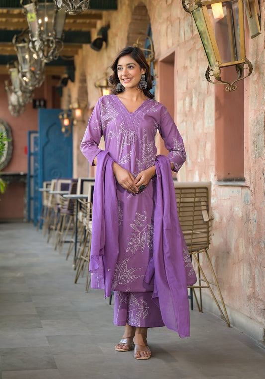 Chic Cotton Kurta Suit with Sequins, Plain Dupatta, and Pant-Style Bottom