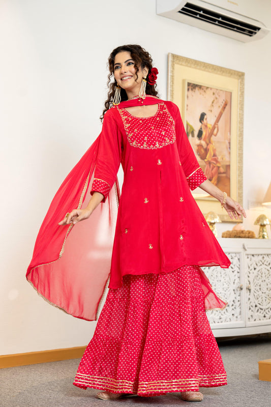 Chic Front Slit Kurti with Sharara and Dupatta