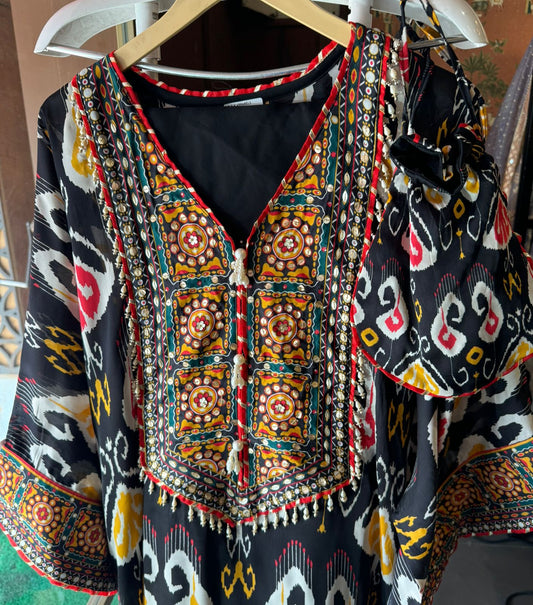 Soft Satin Elegance with Ikkat Print & Handwork Details