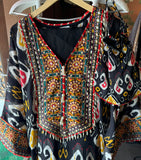 Soft Satin Elegance with Ikkat Print & Handwork Details