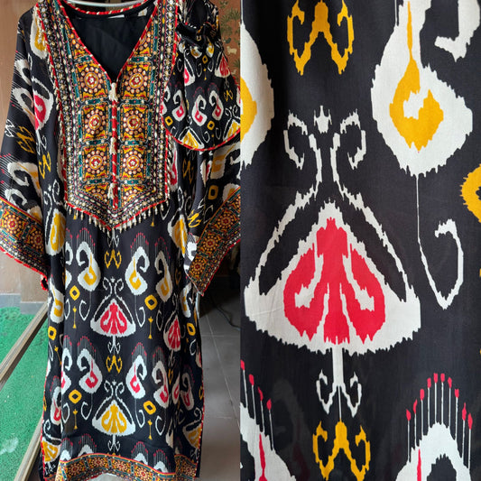 Soft Satin Elegance with Ikkat Print & Handwork Details
