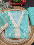 Timeless Charm: Cotton Suit with Lace Accents and Elegant Dupatta