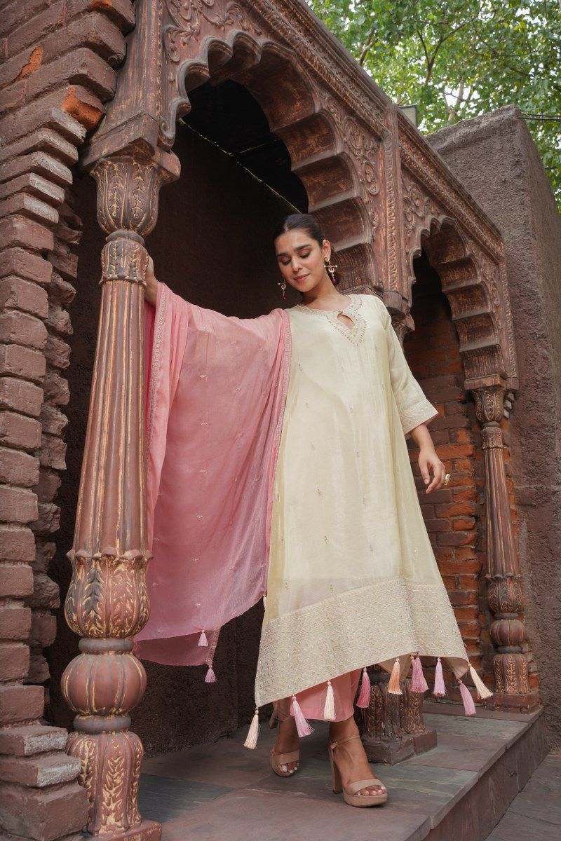 Off-White Shimmer Silk Suit with Tassels and Pink Accents
