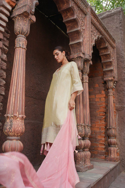 Off-White Shimmer Silk Suit with Tassels and Pink Accents
