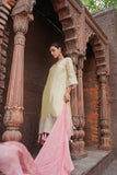 Off-White Shimmer Silk Suit with Tassels and Pink Accents