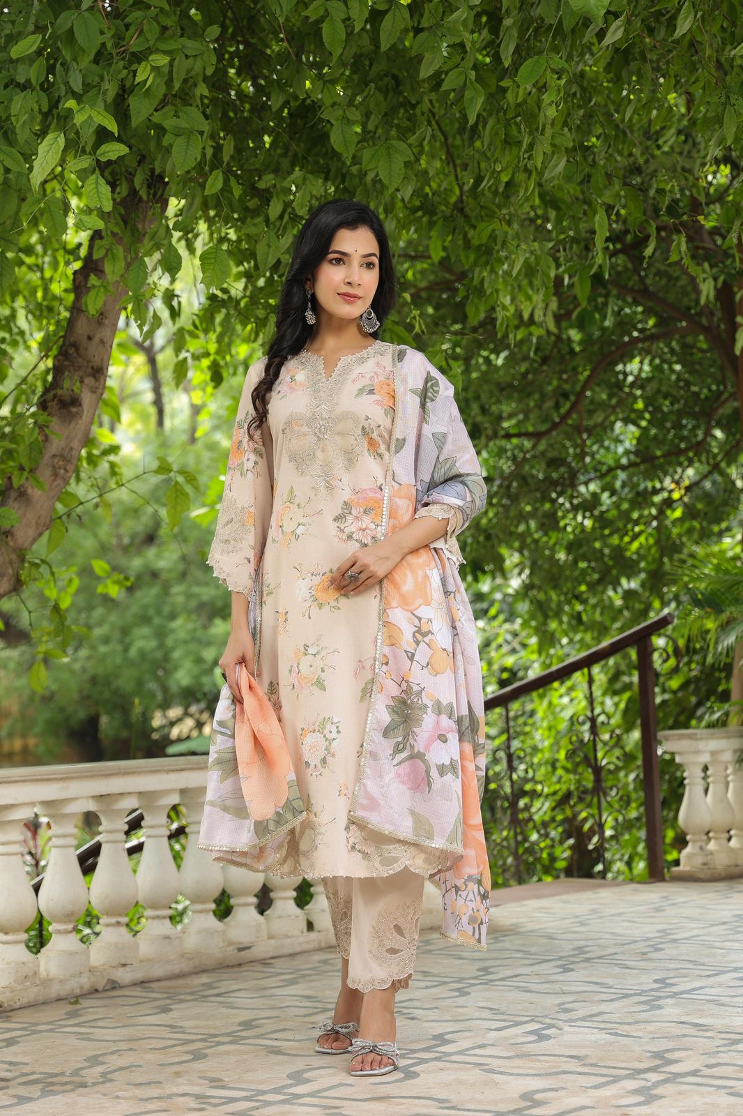 Floral Print Cotton Embroidery Suit with Embroidered Dupatta & Pants