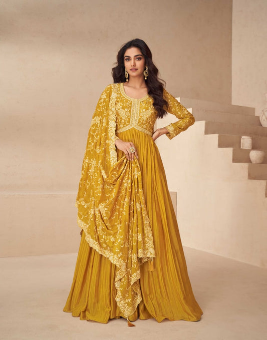 Exquisite Chinnon Silk Gown with Intricate Embroidery and Embellished Dupatta