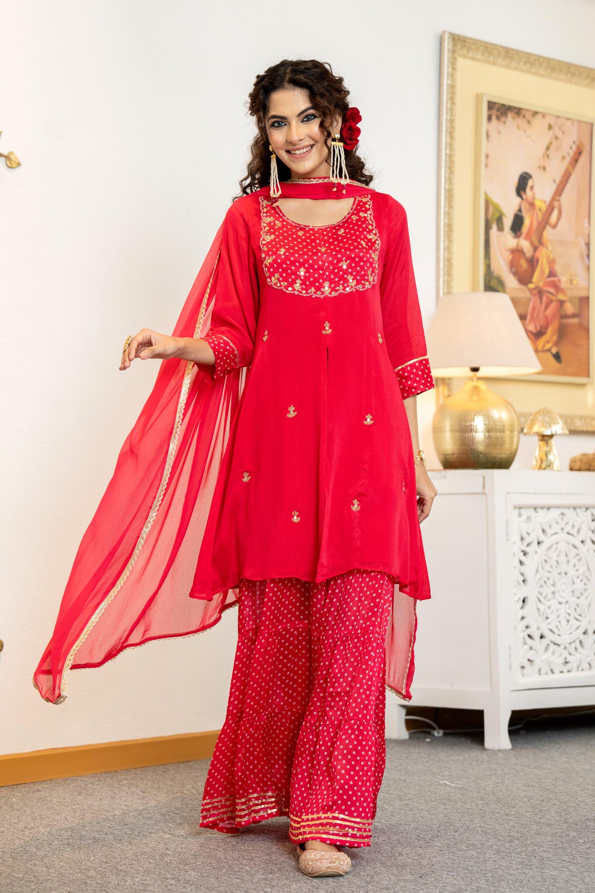 Chic Front Slit Kurti with Sharara and Dupatta